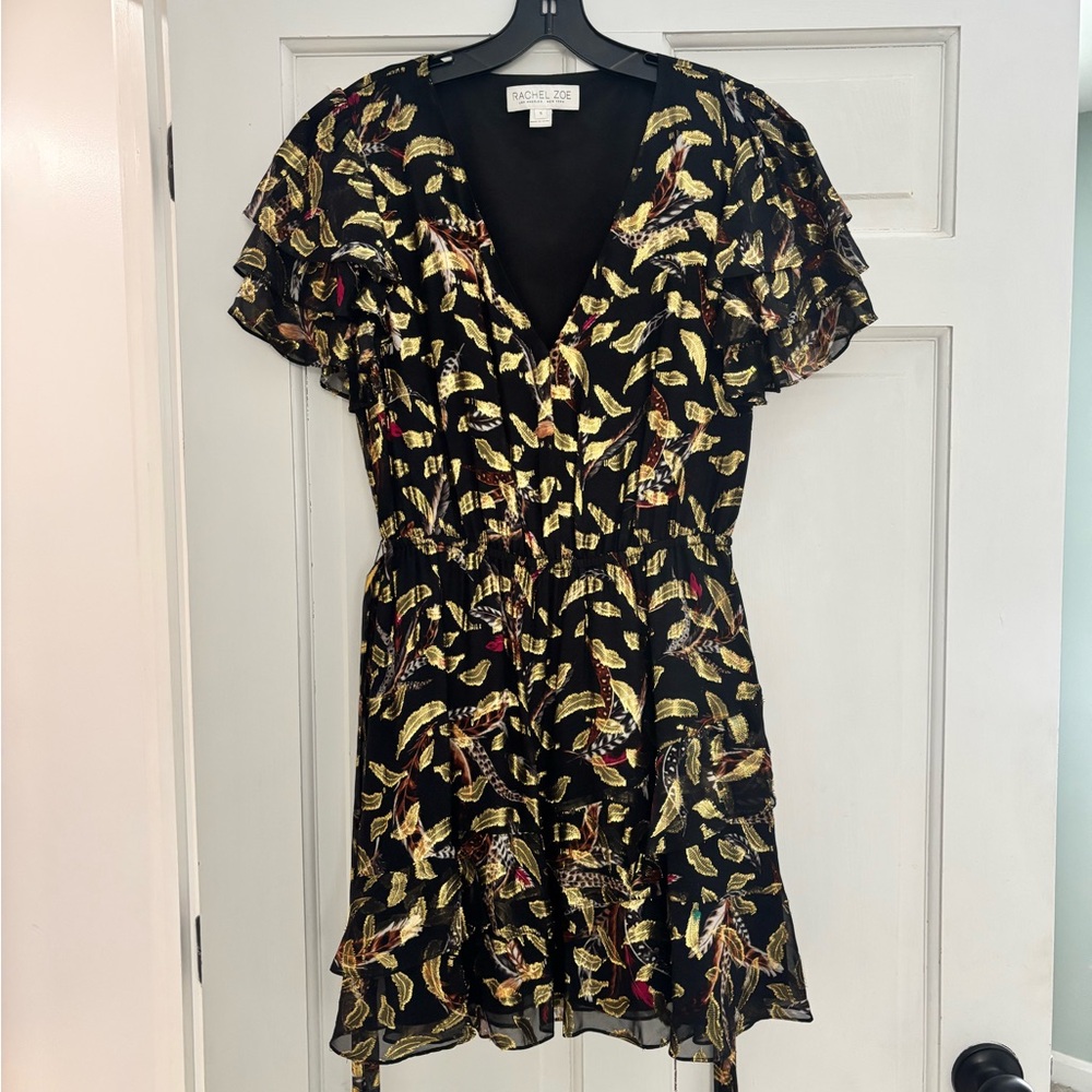 Rachel Zoe Black and Gold Feather Print Mini Dress